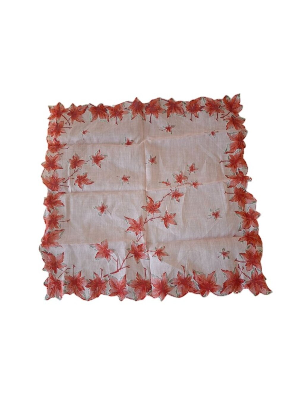 Vintage Floral Handkerchief Pink Red Maple Leaf Cottagecore Hankie Scalloped